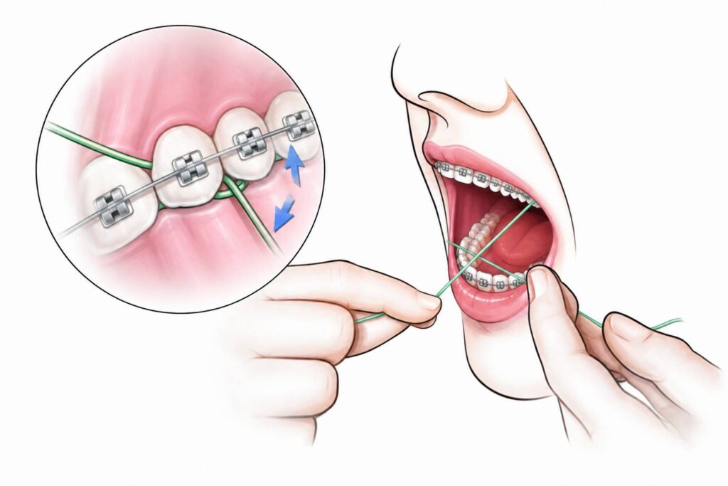 flossing with braces instructional diagram